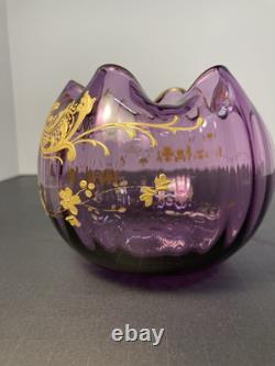 Rare! Mont Joye Legras Amethyst Rose Bowl With Gold Enameled Decor. Beautifull