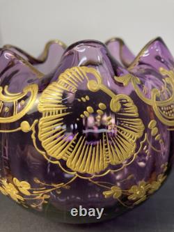 Rare! Mont Joye Legras Amethyst Rose Bowl With Gold Enameled Decor. Beautifull