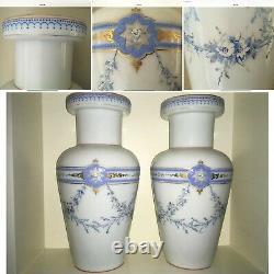 Rare PAIR ANTIQUE C1880 FRENCH OPALINE GLASS VASES GILDED ENAMELLED HAND PAINTED