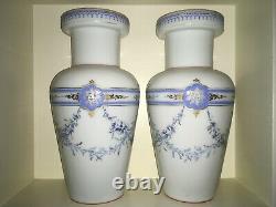 Rare PAIR ANTIQUE C1880 FRENCH OPALINE GLASS VASES GILDED ENAMELLED HAND PAINTED