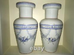 Rare PAIR ANTIQUE C1880 FRENCH OPALINE GLASS VASES GILDED ENAMELLED HAND PAINTED