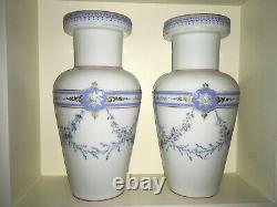 Rare PAIR ANTIQUE C1880 FRENCH OPALINE GLASS VASES GILDED ENAMELLED HAND PAINTED