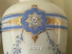 Rare PAIR ANTIQUE C1880 FRENCH OPALINE GLASS VASES GILDED ENAMELLED HAND PAINTED