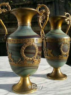 Rare PAIR Antique French Empire Marble Glass Vases Early 1800s 11 Tall