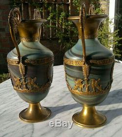 Rare PAIR Antique French Empire Marble Glass Vases Early 1800s 11 Tall