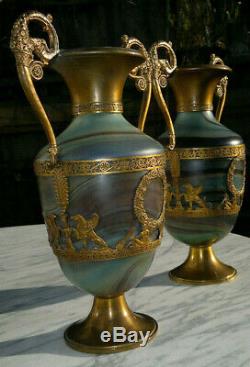 Rare PAIR Antique French Empire Marble Glass Vases Early 1800s 11 Tall