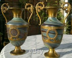 Rare PAIR Antique French Empire Marble Glass Vases Early 1800s 11 Tall