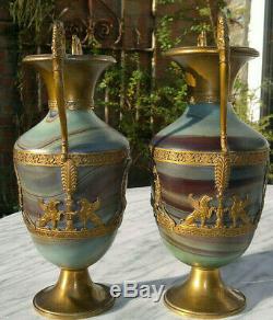 Rare PAIR Antique French Empire Marble Glass Vases Early 1800s 11 Tall