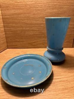 Rare PV Portieux Vallerysthal STARS French BLUE OPALINE Art Glass Vase Saucer