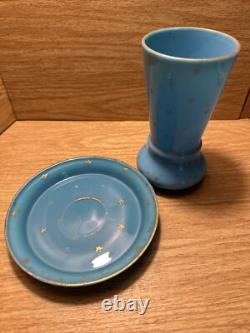 Rare PV Portieux Vallerysthal STARS French BLUE OPALINE Art Glass Vase Saucer
