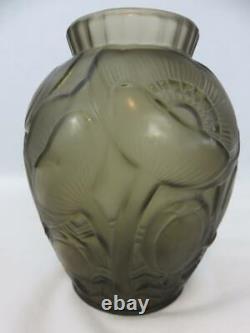 Rare Pierre d'Avesn Vase French Art Deco Smoky Gray Glass Flowers 8.75 tall