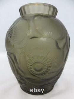 Rare Pierre d'Avesn Vase French Art Deco Smoky Gray Glass Flowers 8.75 tall