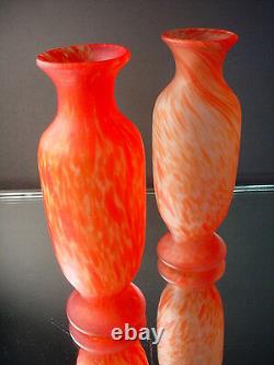 Rare Pr Legras French Art Glass Red Spatter Acid Washed Vases Art Deco France