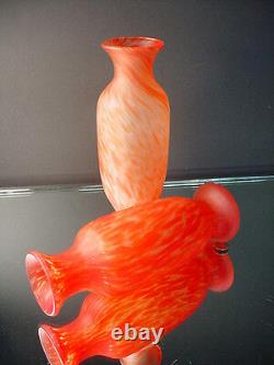 Rare Pr Legras French Art Glass Red Spatter Acid Washed Vases Art Deco France