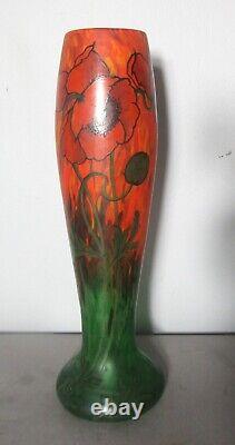 Rare & Unique 13 LEGRAS (FRANCE) Red Poppies Art Nouveau Glass Vase c. 1915