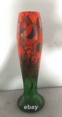 Rare & Unique 13 LEGRAS (FRANCE) Red Poppies Art Nouveau Glass Vase c. 1915