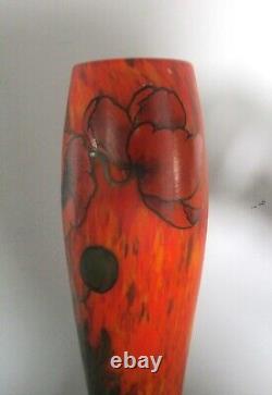 Rare & Unique 13 LEGRAS (FRANCE) Red Poppies Art Nouveau Glass Vase c. 1915
