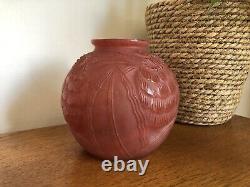 Rare Vintage Art Deco French Red Moulded Glass Flower Vase P Pierre DAvesn