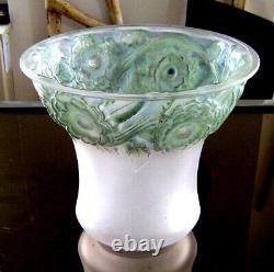 Rene Lalique 1930 Frosted Orleans Vase with Green-Blue Patina. 8. Repaired Rim