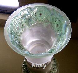 Rene Lalique 1930 Frosted Orleans Vase with Green-Blue Patina. 8. Repaired Rim