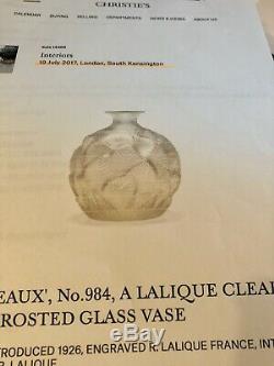 Rene Lalique Ormeaux Clear and Frosted Glass Vase (984) with Provenance