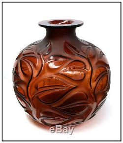 Rene Lalique Rare Large Sophora Glass Vase Hand Signed Red Amber Crystal Antique