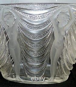 Rene R. Lalique France Signed Terpsichore Nudes Large Heavy Art Glass Vase 1937