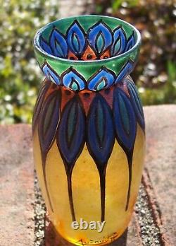 Robj Quenvit Paris France Art Deco applied enamel glass vase 5 signed