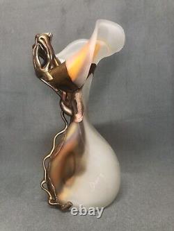 Romanian French Art DecoHand Blown Art Glass Vase Orange Copper Overlay