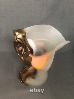 Romanian French Art DecoHand Blown Art Glass Vase Orange Copper Overlay