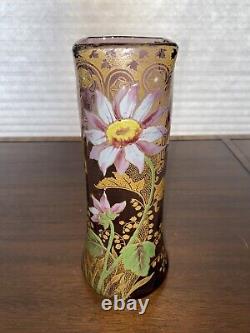 STUNNING ANTIQUE FRENCH MONT JOYE Legras Amethyst Enameled Flower Vase 11H
