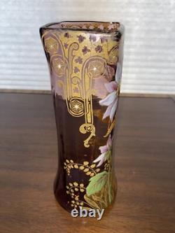 STUNNING ANTIQUE FRENCH MONT JOYE Legras Amethyst Enameled Flower Vase 11H