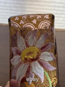 STUNNING ANTIQUE FRENCH MONT JOYE Legras Amethyst Enameled Flower Vase 11H