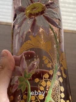 STUNNING ANTIQUE FRENCH MONT JOYE Legras Amethyst Enameled Flower Vase 11H
