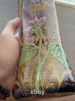 STUNNING ANTIQUE FRENCH MONT JOYE Legras Amethyst Enameled Flower Vase 11H