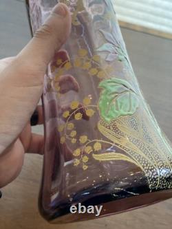 STUNNING ANTIQUE FRENCH MONT JOYE Legras Amethyst Enameled Flower Vase 11H
