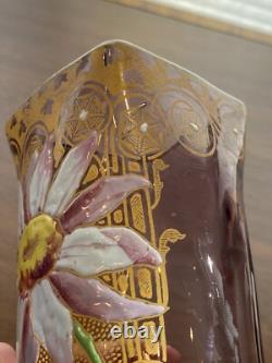 STUNNING ANTIQUE FRENCH MONT JOYE Legras Amethyst Enameled Flower Vase 11H