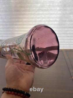 STUNNING ANTIQUE FRENCH MONT JOYE Legras Amethyst Enameled Flower Vase 11H
