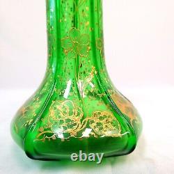STUNNING Art Nouveau FRENCH GREEN BOHEMIAN GLASS VASE Dainty GOLDEN Flowers -EXC