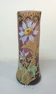 STUNNING MONT JOYE FRENCH ART GLASS 11 VASE, HEAVY ENAMELED DECORATION, c. 1900