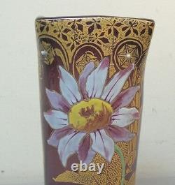 STUNNING MONT JOYE FRENCH ART GLASS 11 VASE, HEAVY ENAMELED DECORATION, c. 1900