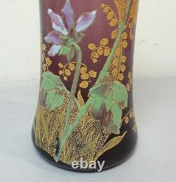 STUNNING MONT JOYE FRENCH ART GLASS 11 VASE, HEAVY ENAMELED DECORATION, c. 1900