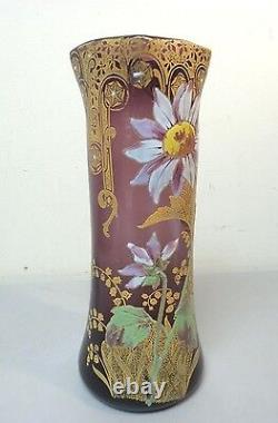 STUNNING MONT JOYE FRENCH ART GLASS 11 VASE, HEAVY ENAMELED DECORATION, c. 1900