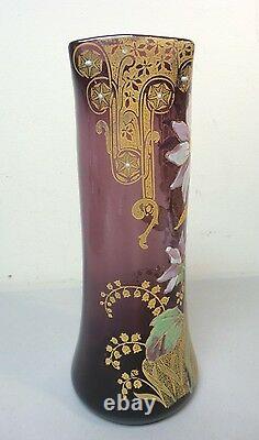 STUNNING MONT JOYE FRENCH ART GLASS 11 VASE, HEAVY ENAMELED DECORATION, c. 1900