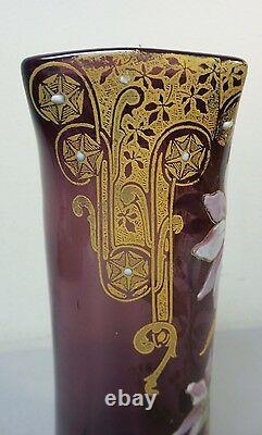 STUNNING MONT JOYE FRENCH ART GLASS 11 VASE, HEAVY ENAMELED DECORATION, c. 1900