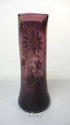 STUNNING MONT JOYE FRENCH ART GLASS 11 VASE, HEAVY ENAMELED DECORATION, c. 1900