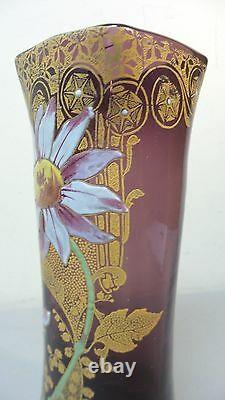 STUNNING MONT JOYE FRENCH ART GLASS 11 VASE, HEAVY ENAMELED DECORATION, c. 1900