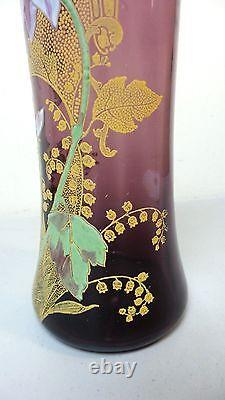 STUNNING MONT JOYE FRENCH ART GLASS 11 VASE, HEAVY ENAMELED DECORATION, c. 1900