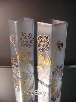 Scarce Pair Mont Joye Glass Gilded Vases Light Blue Satin Acid Wash Finish C1900