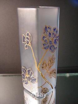 Scarce Pair Mont Joye Glass Gilded Vases Light Blue Satin Acid Wash Finish C1900